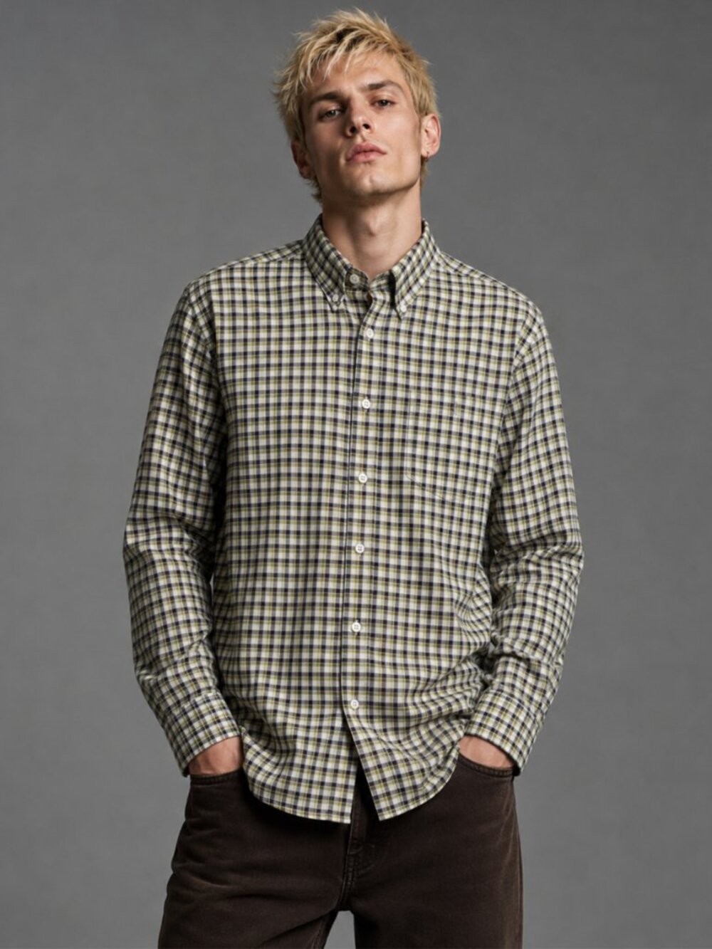 DENVER HAYES Men's L Olive Plaid Never Iron Button Down Casual Shirt